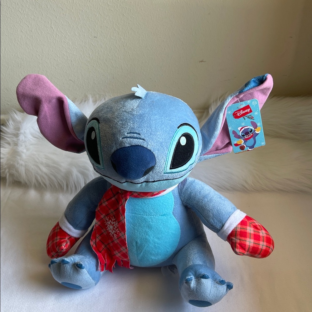 Disney Blue Stitch Plush with Red Plaid Scarf and Mittens Plush toy. Brand NWT.
